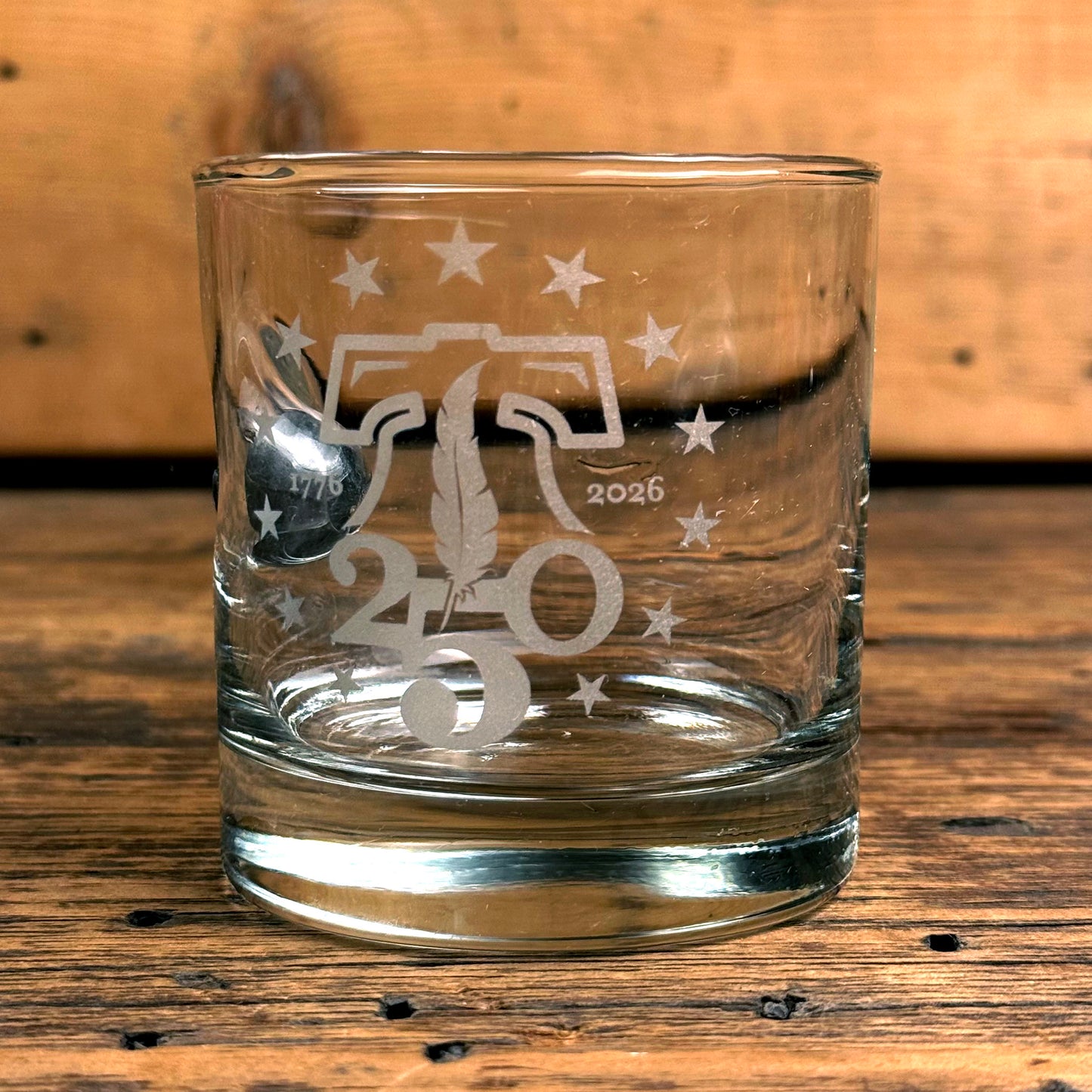 250th Anniversary Whiskey Glass with Embedded Musket Ball