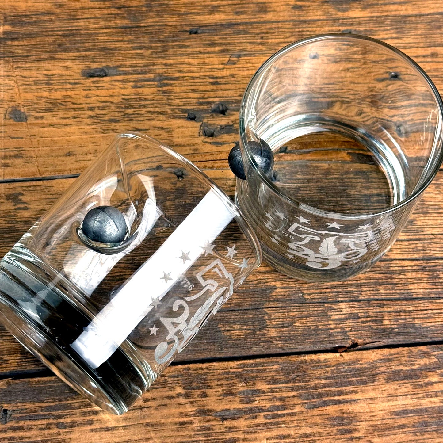 250th Anniversary Whiskey Glass with Embedded Musket Ball