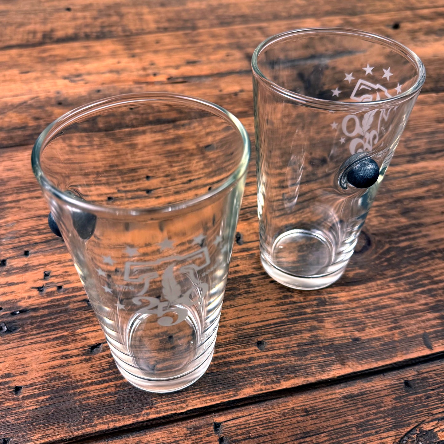 250th Anniversary Pint Beer Glass with Embedded Musket Ball