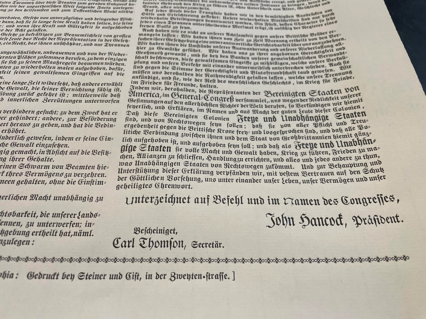 German Translated Declaration of Independence Broadside by The Printing Shop of Edes & Gill