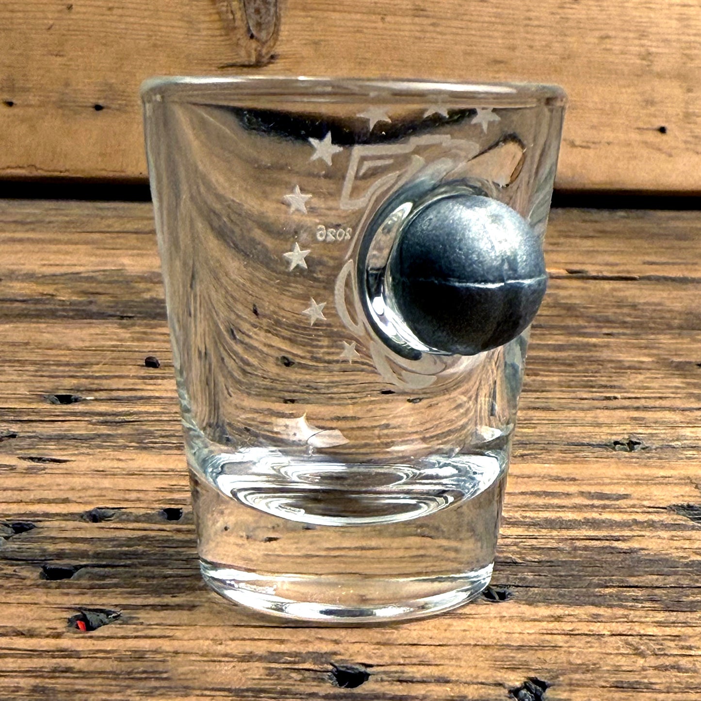 250th Anniversary Shot Glass with Embedded Musket Ball