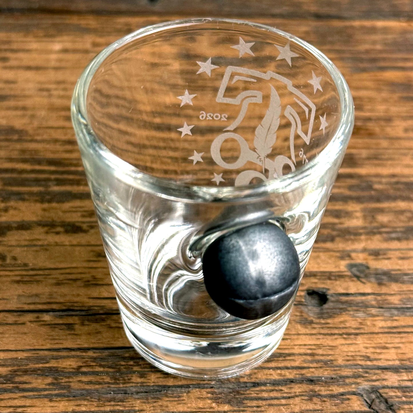250th Anniversary Shot Glass with Embedded Musket Ball