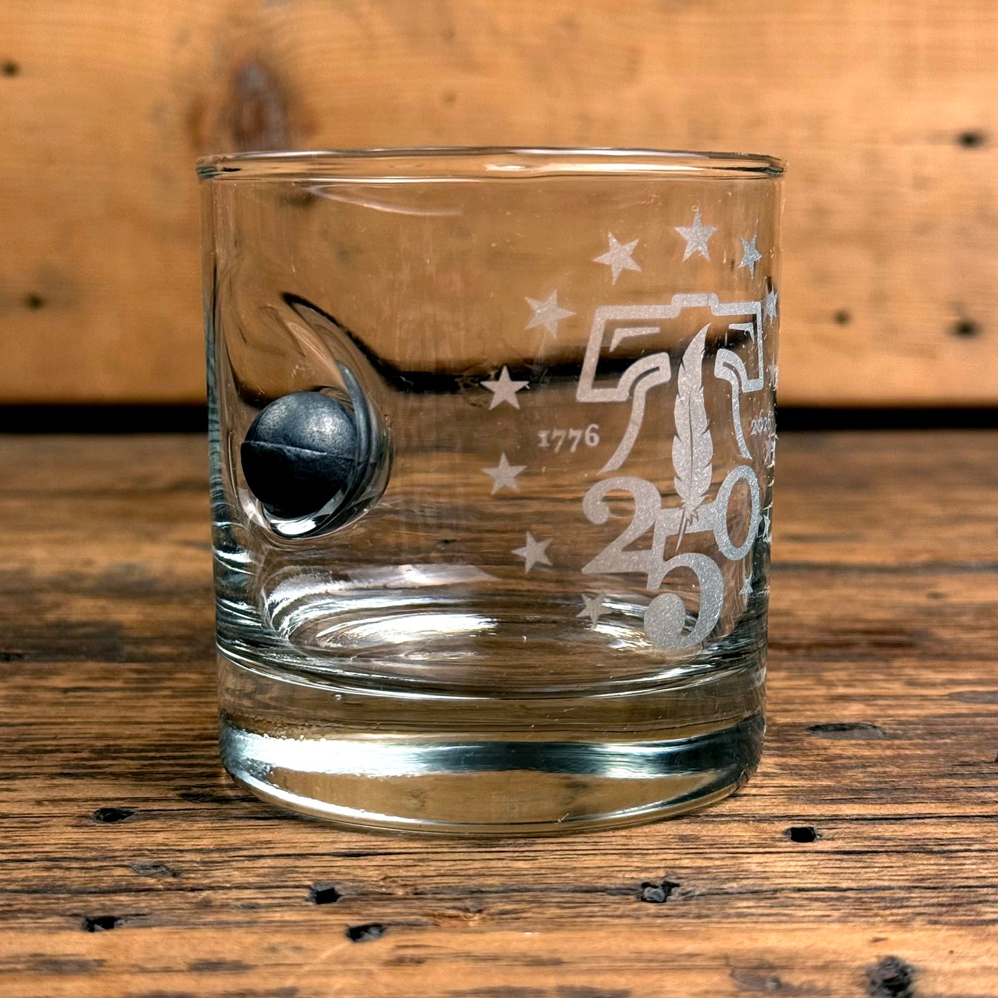250th Anniversary Whiskey Glass with Embedded Musket Ball