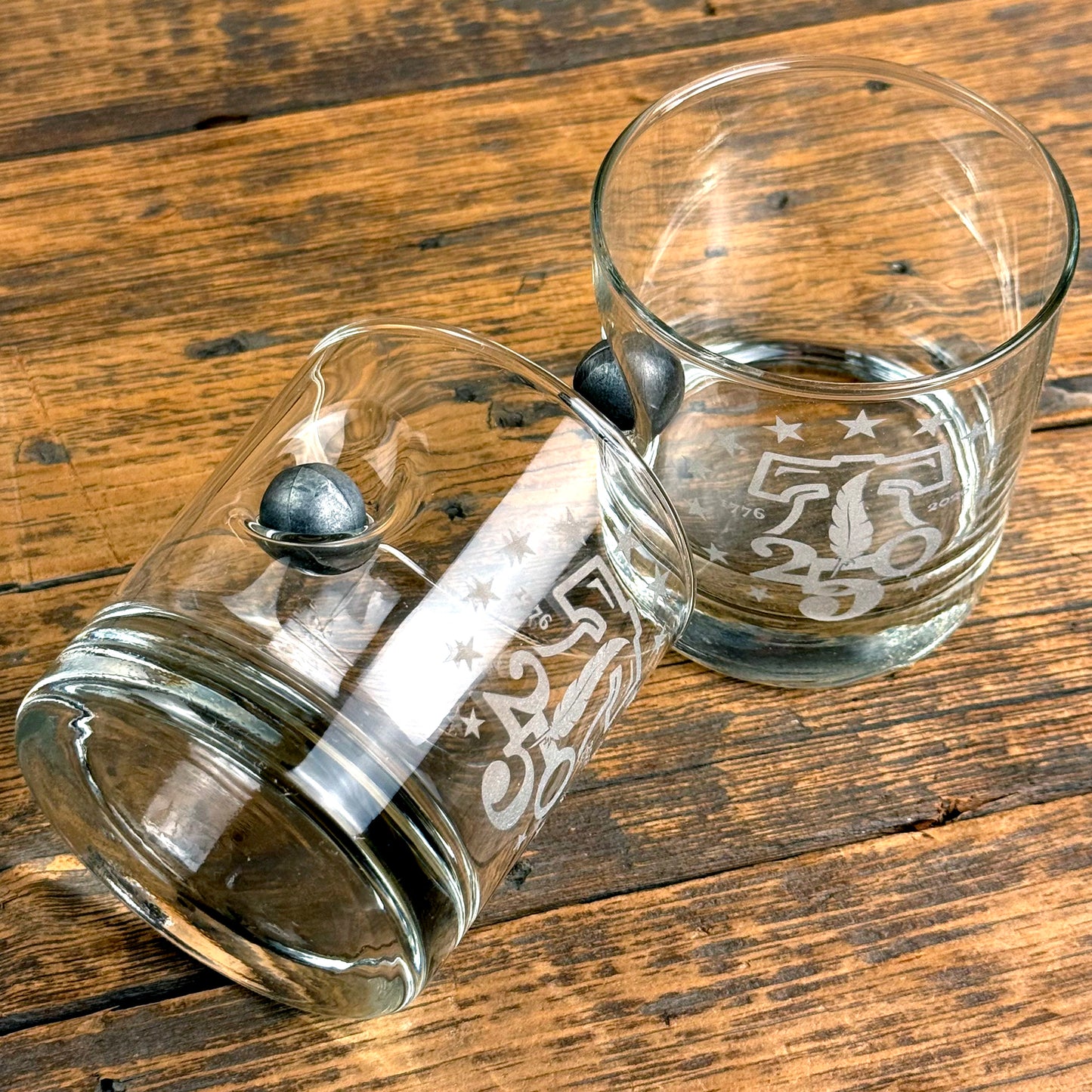 250th Anniversary Whiskey Glass with Embedded Musket Ball
