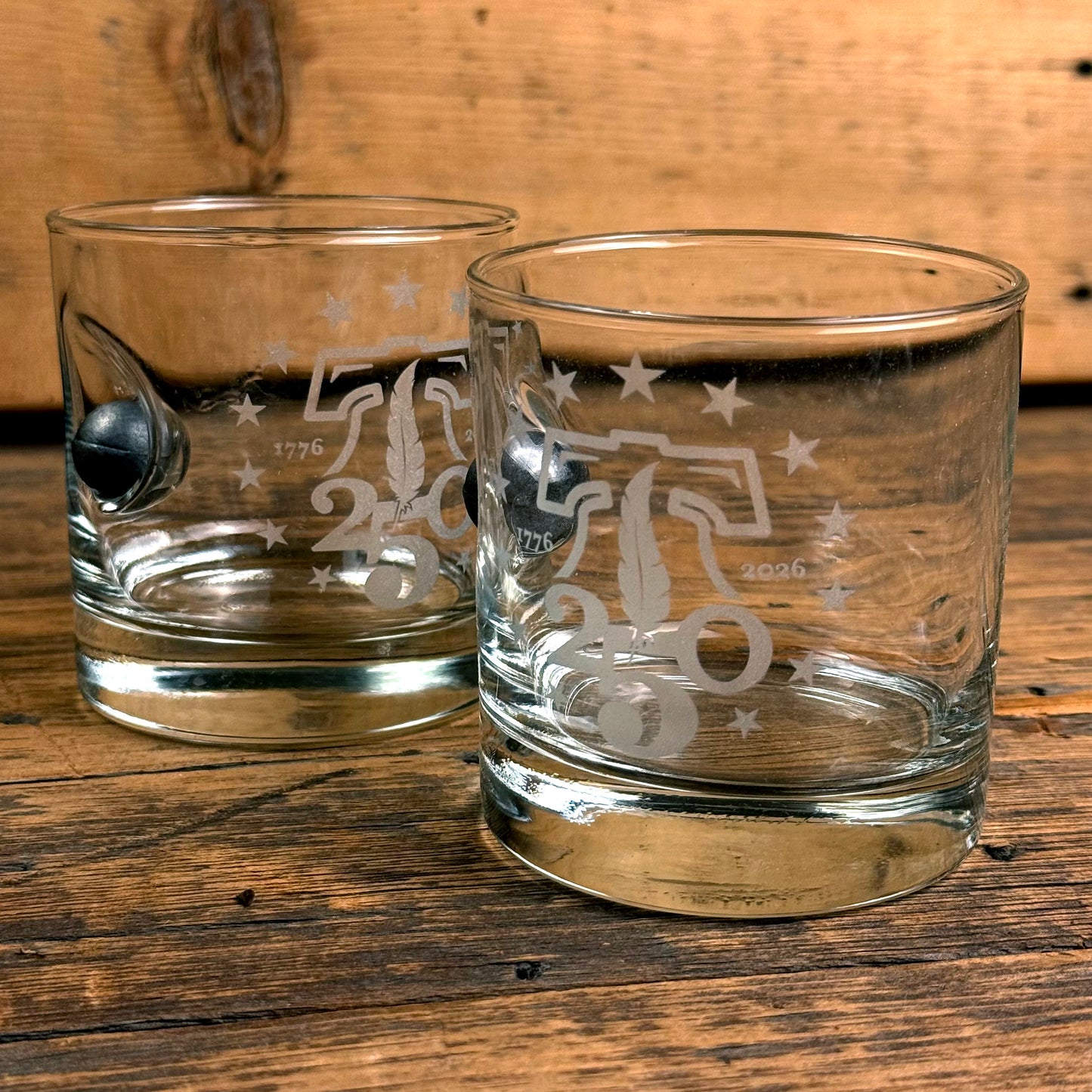 250th Anniversary Whiskey Glass with Embedded Musket Ball