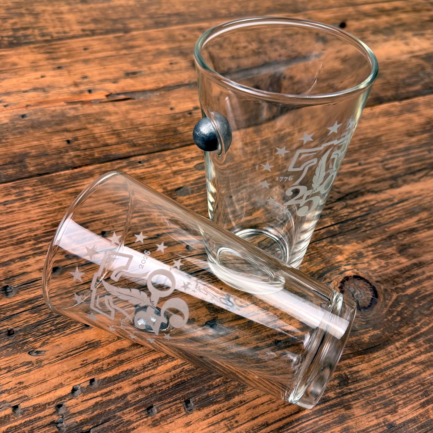 250th Anniversary Pint Beer Glass with Embedded Musket Ball