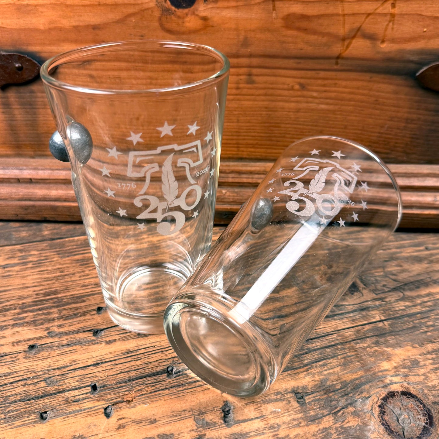 250th Anniversary Pint Beer Glass with Embedded Musket Ball