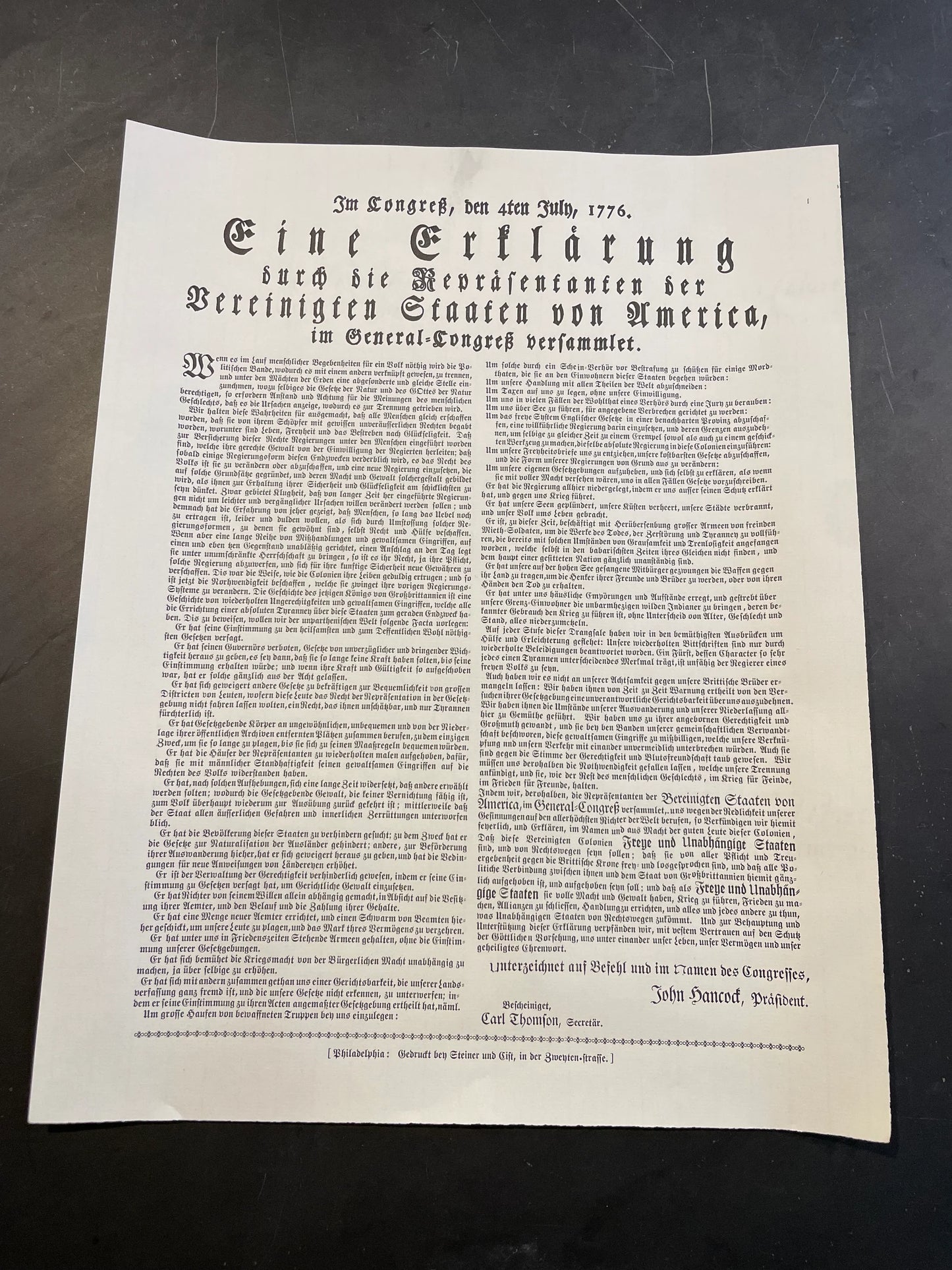 German Translated Declaration of Independence Broadside by The Printing Shop of Edes & Gill