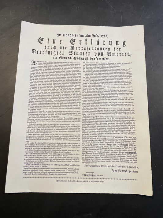 German Translated Declaration of Independence Broadside by The Printing Shop of Edes & Gill (Copy)