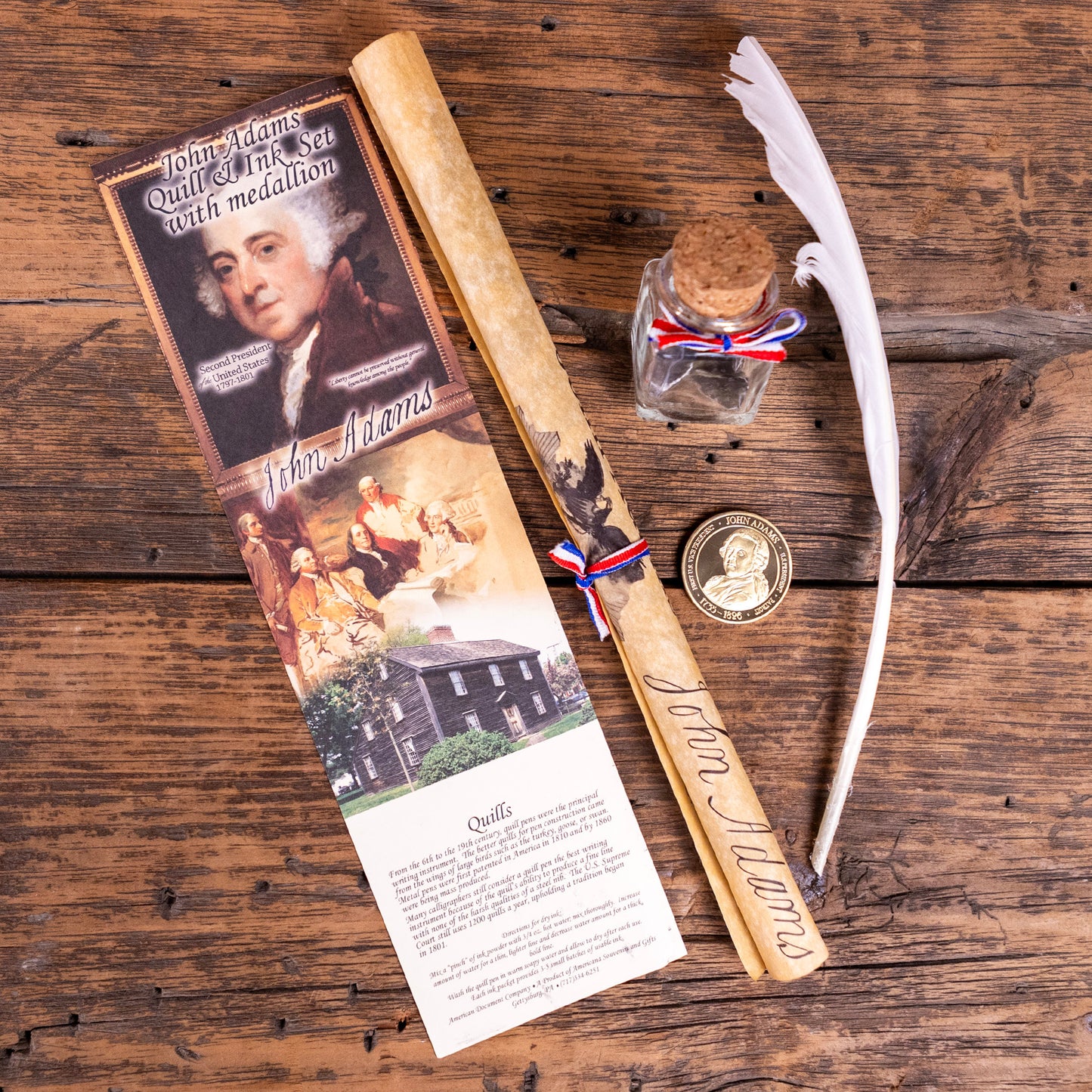 John Adams Document, Feather Quill, Ink Well, & Coin Souvenir Set