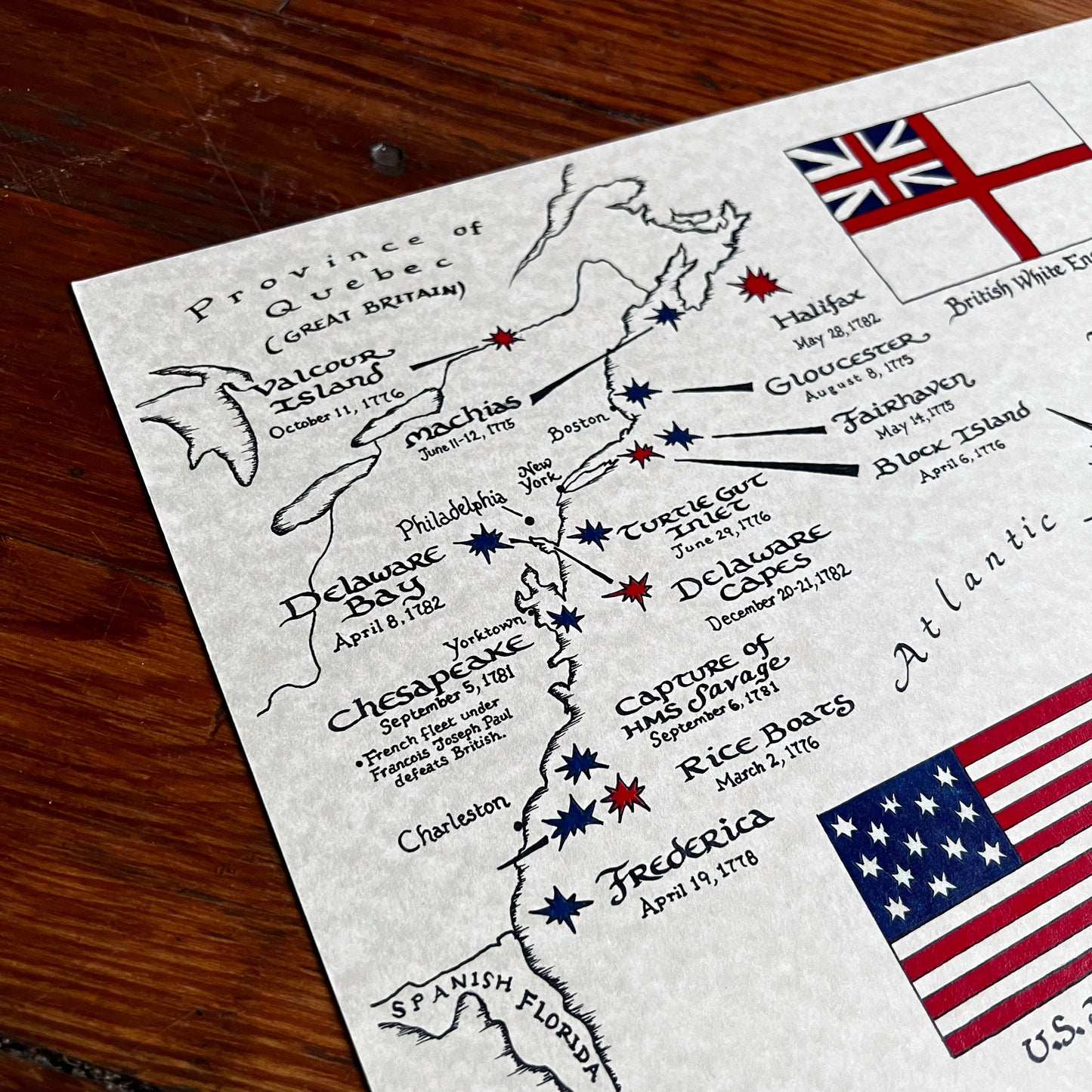 Naval Battles of the American Revolution Hand Drawn Map