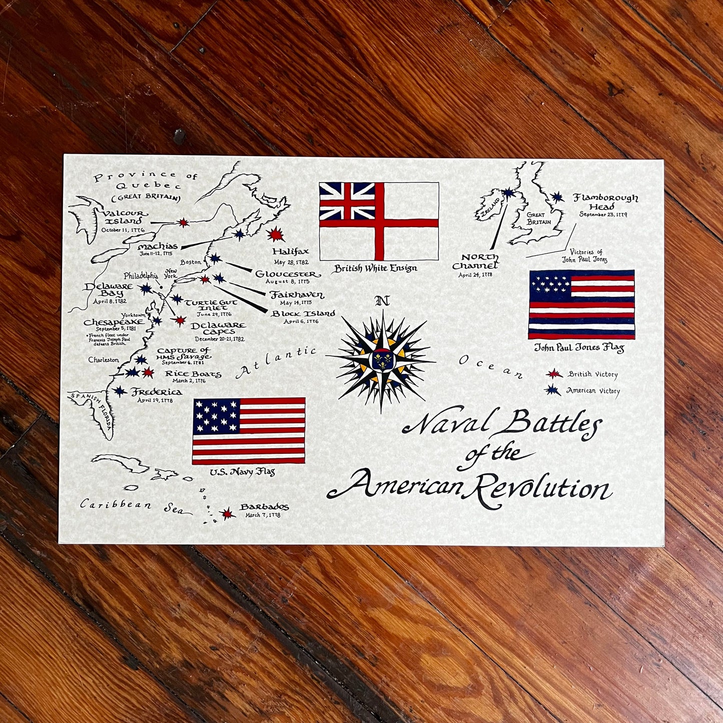 Naval Battles of the American Revolution Hand Drawn Map