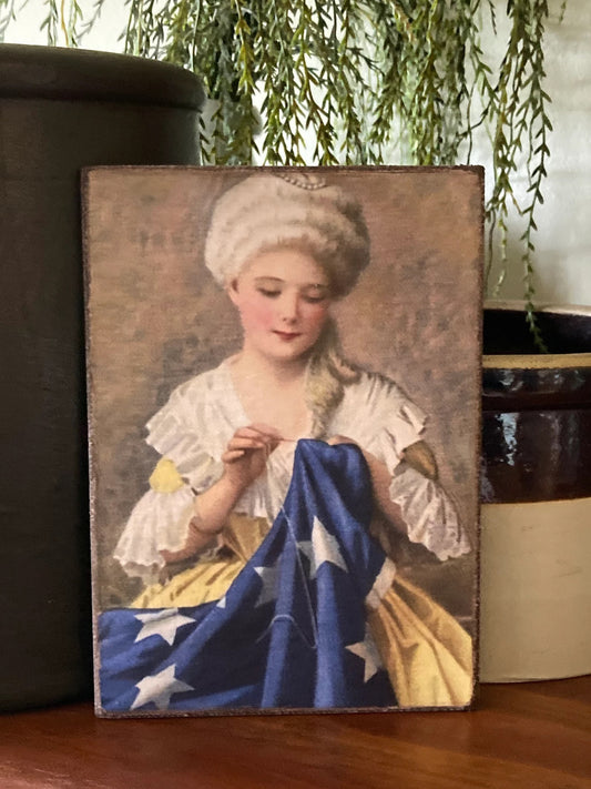 Betsy Ross Sewing the First American Flag Antiqued Canvas Board Portrait