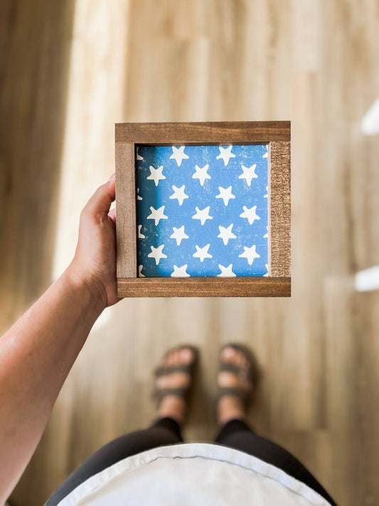 Blue w/ White Stars American Flag Wooden Framed Sign - Lily & Sparrow