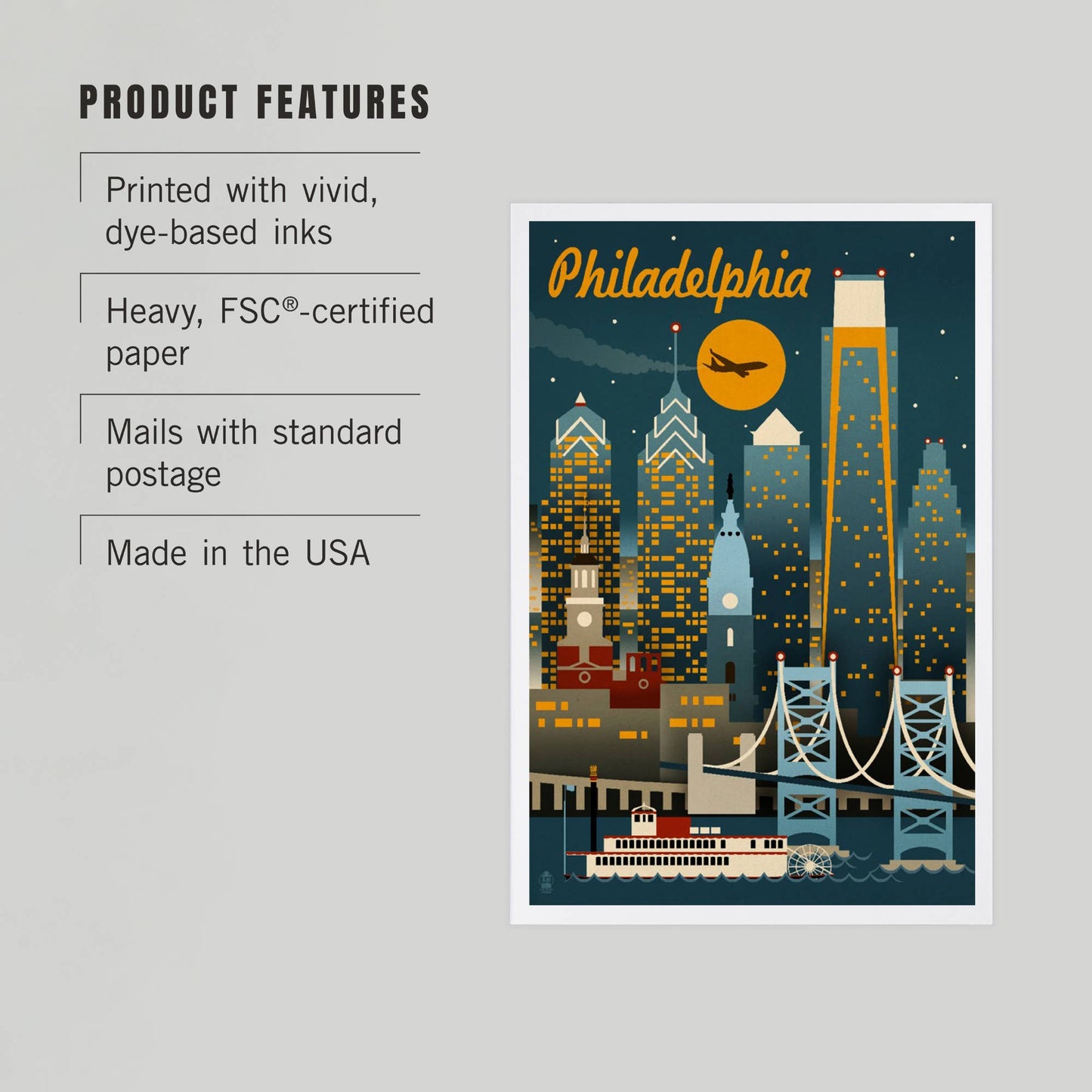 Philadelphia, Pennsylvania, Retro Skyline - Lantern Press Postcard