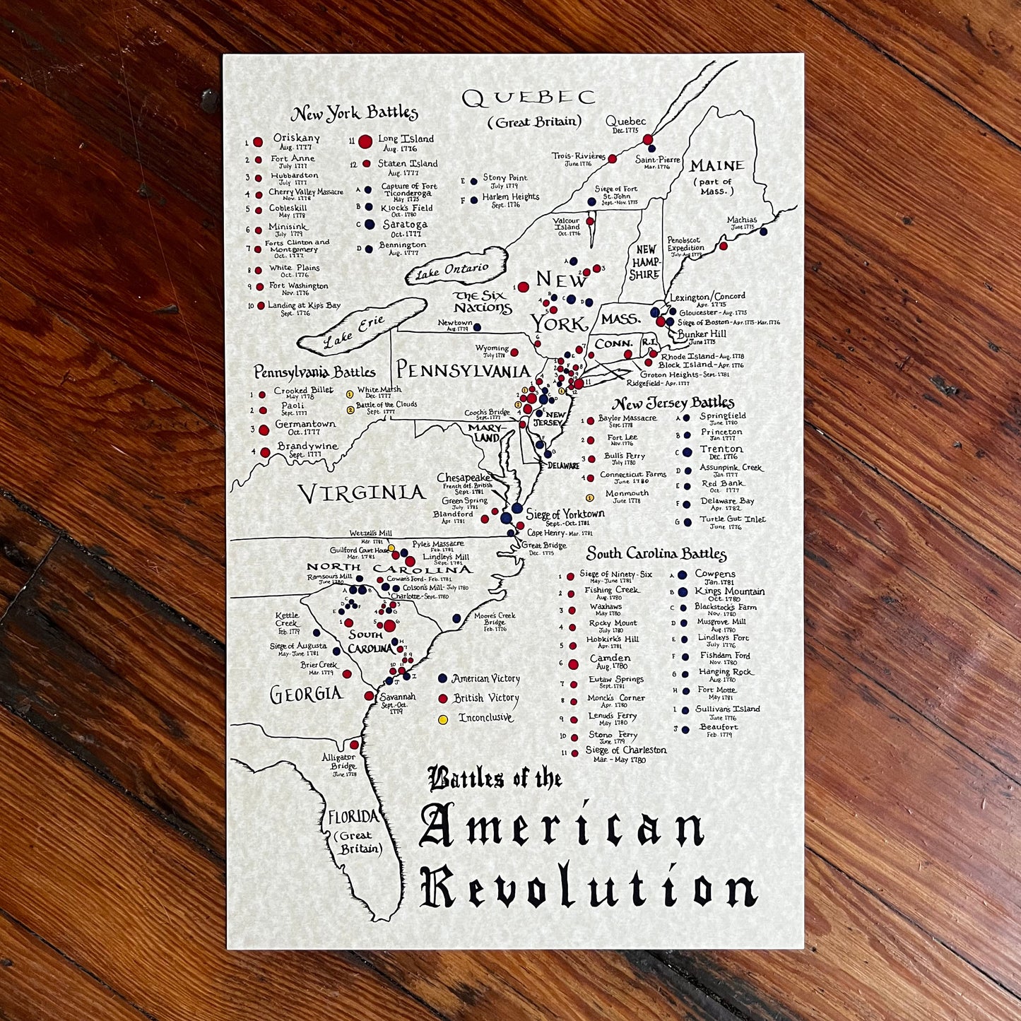 Battles of the American Revolution Hand Drawn Map