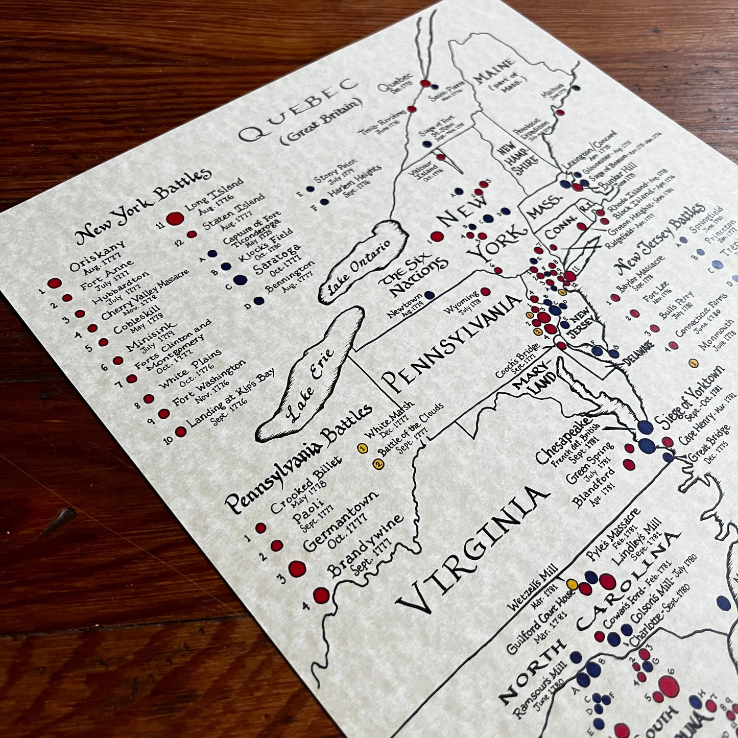 Battles of the American Revolution Hand Drawn Map