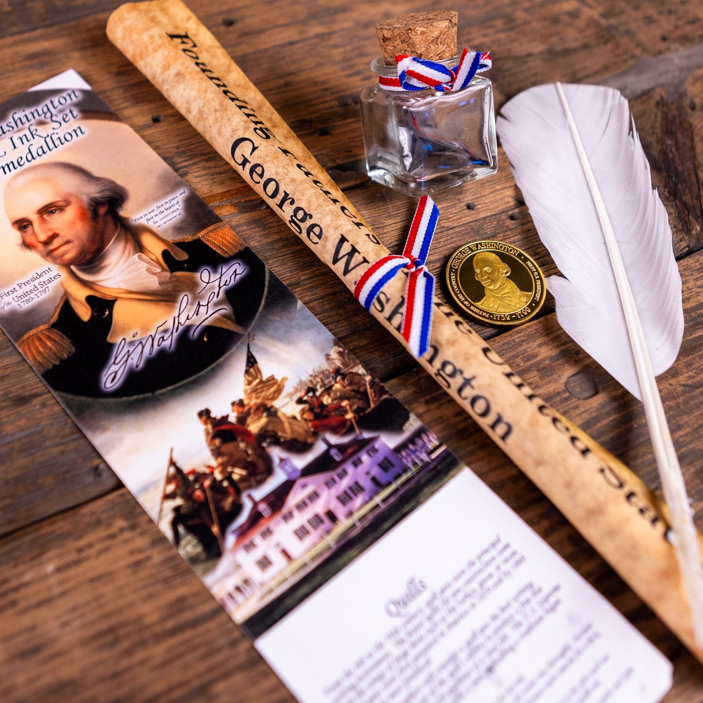 George Washington Document, Feather Quill, Ink Well, & Coin Souvenir Set