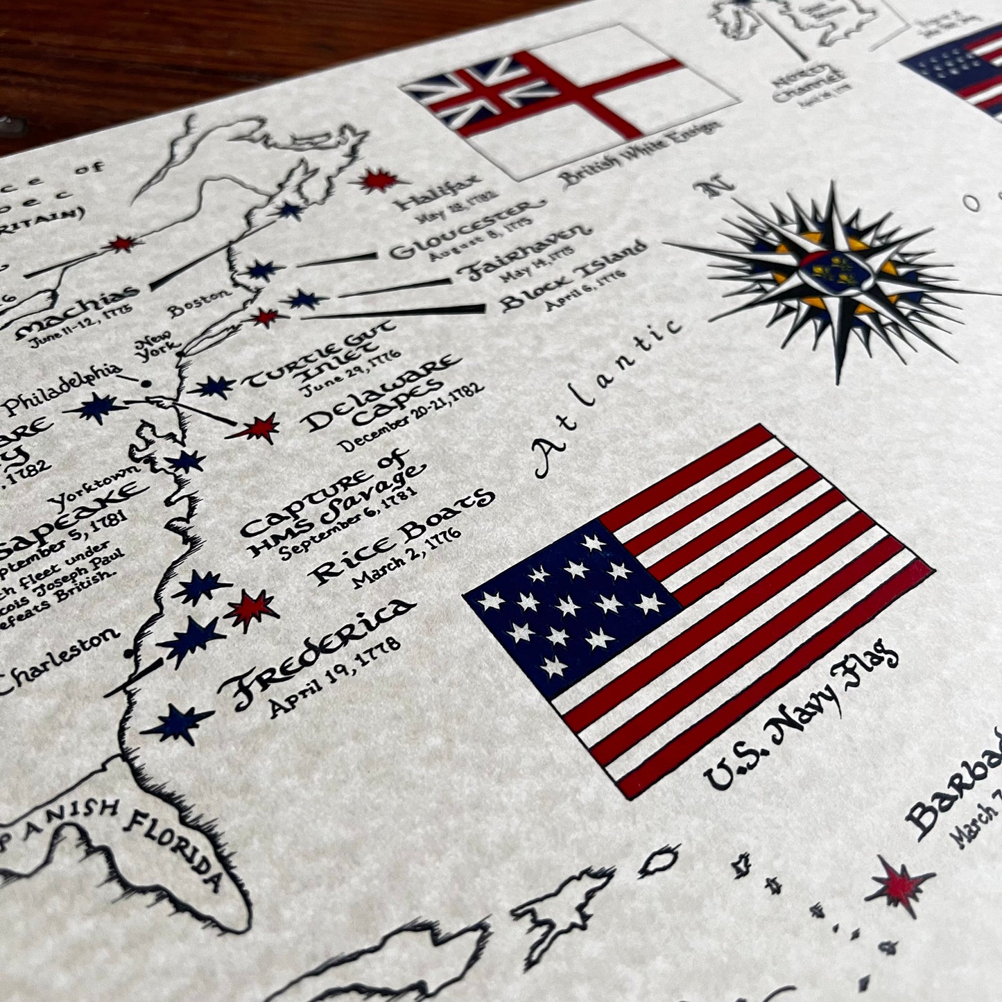 Naval Battles of the American Revolution Hand Drawn Map